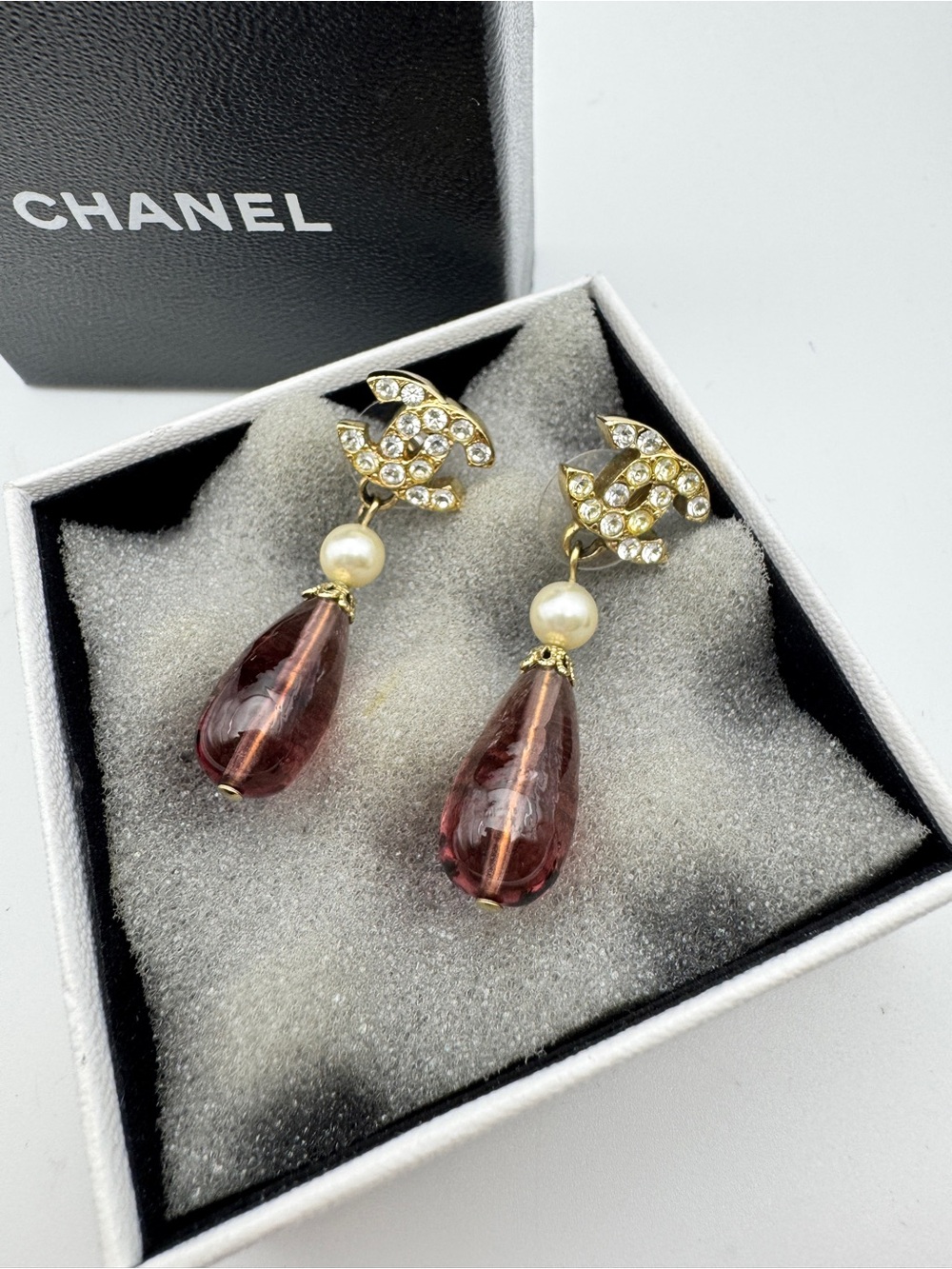 CHANEL Gold Crystal CC Drop Earrings with Pearl and Burgundy Teardrops